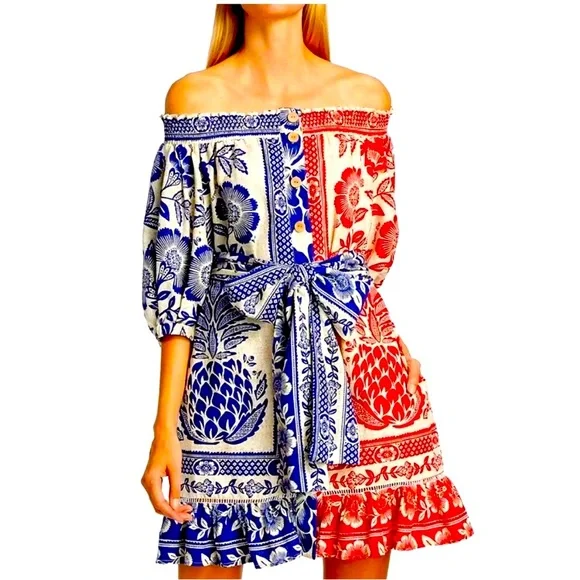 NWT FARM Rio Dress Mixed Pineapple Garden Off Shoulder Mini Dress Med intermix - Picture 3 of 9